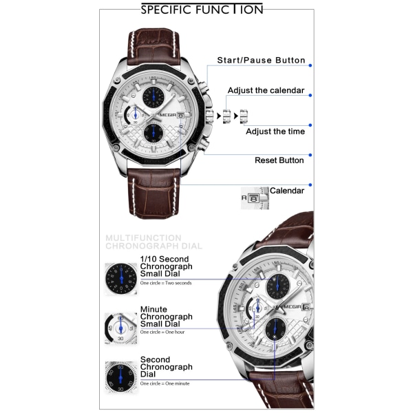 MEGIR Officiell kvarts klockor för män i äkta läder Sport Racing Män Studenter Game Run Chronograph Watch Man Glow Hands Black