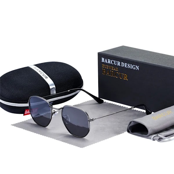 BARCUR Klassiska Retro Reflex Solglasögon Man Hexagon Solglasögon Metallram Glasögon Solglasögon Med Box Oculos De Sol gafas Gun Gray BARCUR