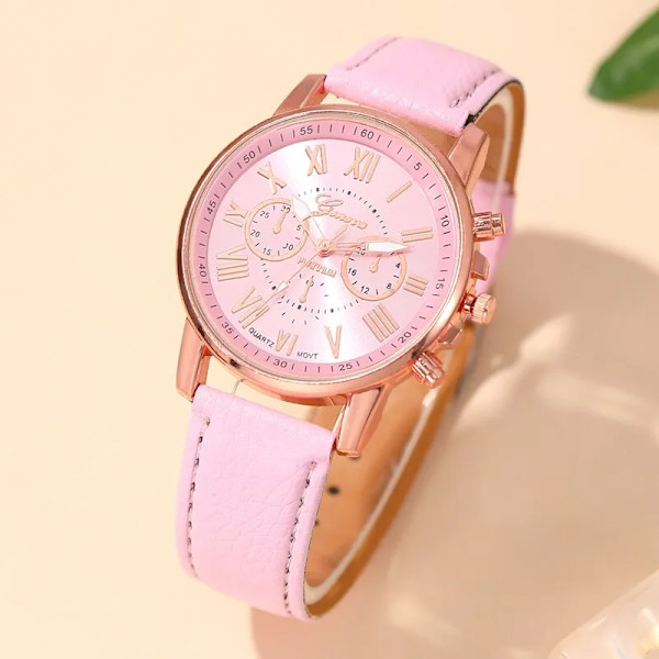 2023 Genève Mode Kvinnor Rosa Läder Klockor Unisex Quartz Watch för Kvinnor Business Casual Watch Relogio Feminino Pink