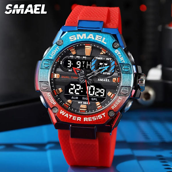 SMAEL Dual Time Röd Digital Watch Herr Militär Sport Chronograph Quartz Elektroniskt Armbandsur med Date Week Vattentät 8066 Green-Box