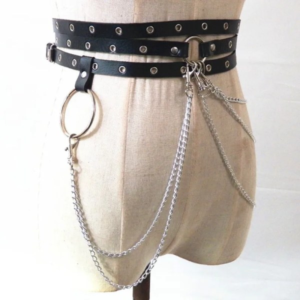 Sexig Pub Kvinnlig Läderkjol Bälten Punk Gothic Rock Sele Midja Metallkedja Kropp Bondage Ihåligt bälte Tillbehör för dam black one size