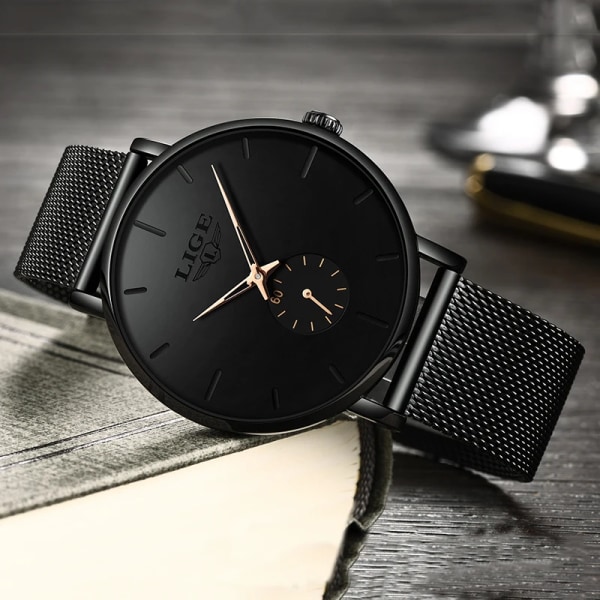 LIGE Damklockor Toppmärke Lyx Casual Watch Dam Kvarts Vattentät klocka Mesh bälte Damarmbandsur Watch L black blue