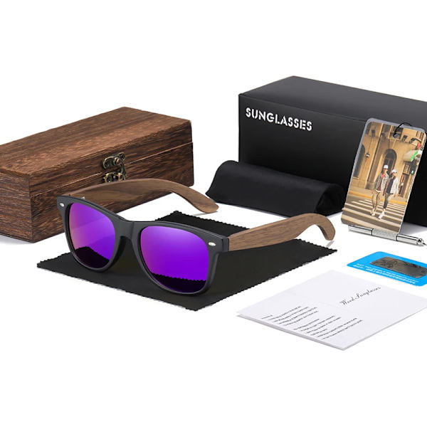 GM Märke Valnöt Trä Polariserad Solglasögon Herr Fyrkantig Båge Solglasögon Dam Solglasögon Man Oculos de sol Masculino S7061h Purple Square Box Black