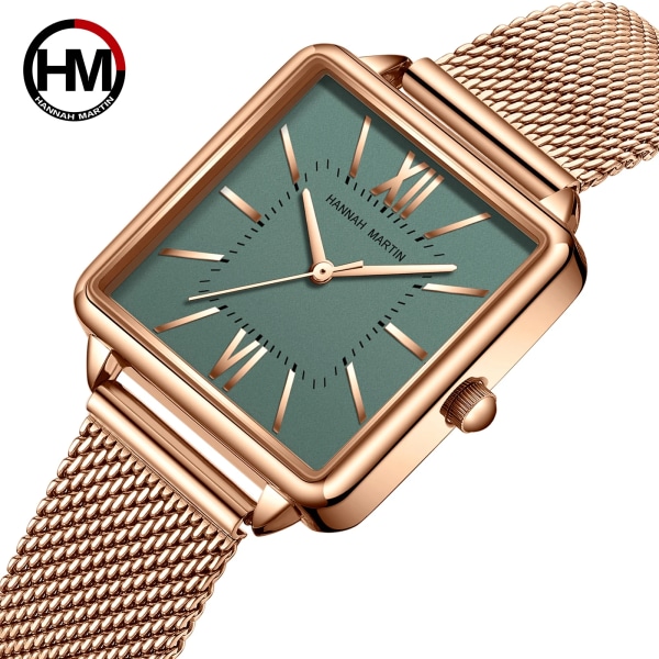 Japan Quartz Movement Grön Urtavla Roman Square Klockor Case Stanless Steel Mode Armbandsur Dam Rose Gold Klockor För Kvinnor 1082BWFF