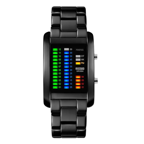 Binära watch resistenta klockor män 3ATM vattentät larm Chrono rektangel urtavla Canlender svart ljus tuff struktur Black
