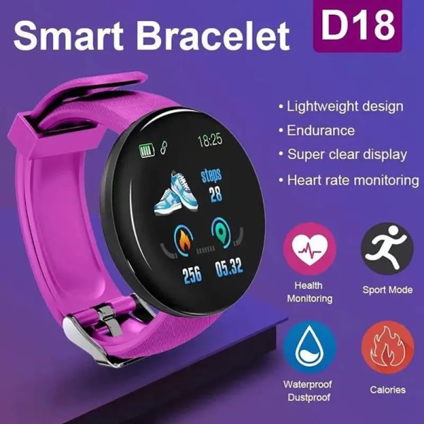 Smart Watch D18 Upgrade Herr Dam Smartwatch Armband Puls Blodtryck Fitness Tracker Sport Smartband För IOS Android Red