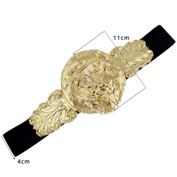 Bälten för dammode Golden Big Lion Elastisk Snap Midja Mode Tjej Metall Bredt bälte Elastisk stängning cinturon Black 68cm