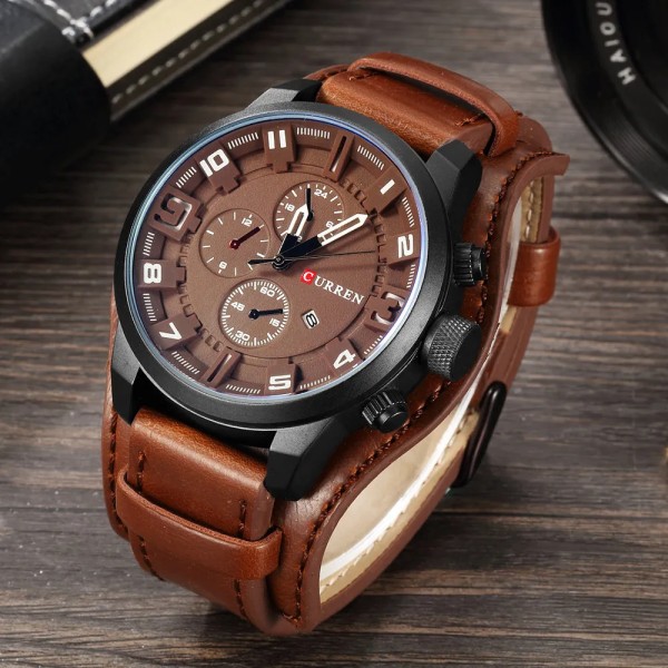 CURREN Toppmärke Sport Herrklockor Man Klockor Date Sport Militärklocka Läderrem Quartz Watch Present 8225 brownblackwhitebox