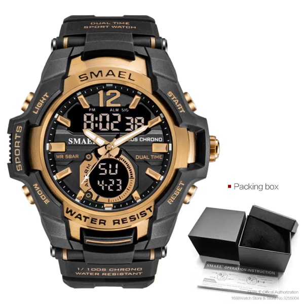 SMAEL Dual Time Army Watch för män Lysande Vattentät Quart Digital Armbandsur Väckarklocka LED Bakgrundsbelysning Kalender 1805 Black rose-Box