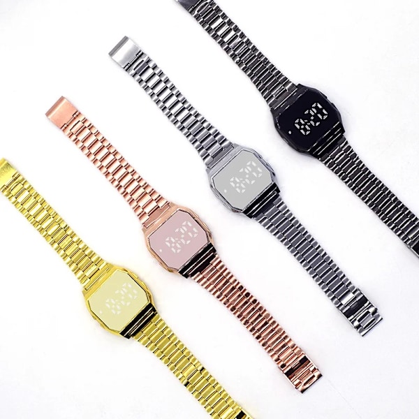 Sport LED Stora Digitala Armbandsur Herr Dam Metall Stålband Elektroniskt Armbandsur Lyxiga Par Armbandsur Gold 1