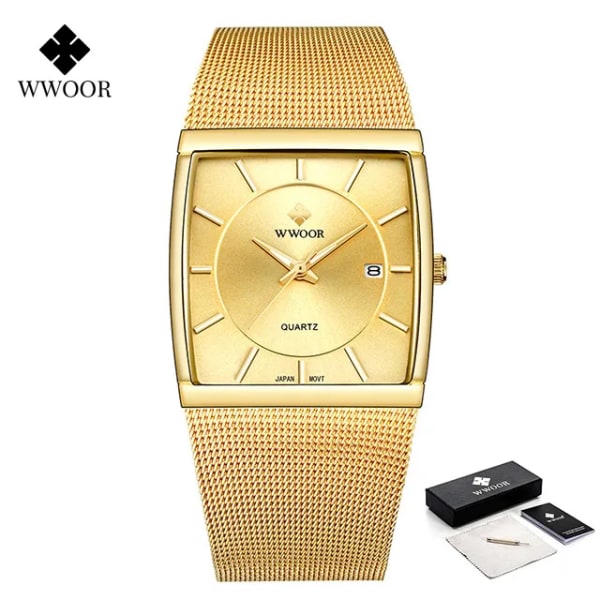 WWOOR Luxury Gold Watch Herr fyrkantig Japan Quartz Slim Steel Mesh Vattentät Sport Automatisk Date Armbandsur Relogio Masculino gold gold box