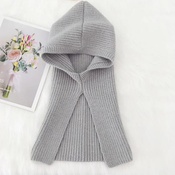 Nya Mode Vinter Kvinnors Hattar Beanie Hatt Stickad Huva Halskrage Justerbar Elastisk Keps Flickors Hattar Gorros Mujer Invierno Gray 54-60cm