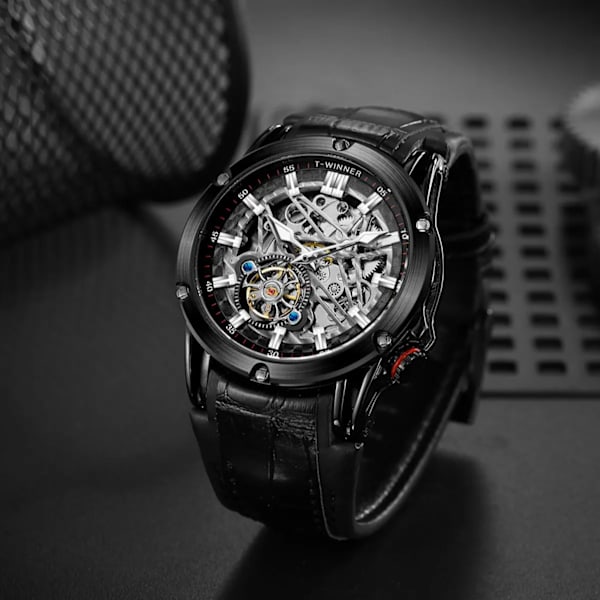 T-vinnare Ny 2023 män automatisk mekanisk watch Läderrem Skelett Mode Vattentät för manliga presentklockor black