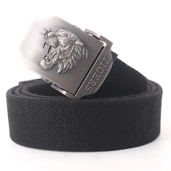 Ny canvas utomhus taktiskt armébälte 3D tigerhuvud Emblem metallspänne unisex jeansbälte för män Militärbälte Man sportrem Army Green Rice Edge 110cm