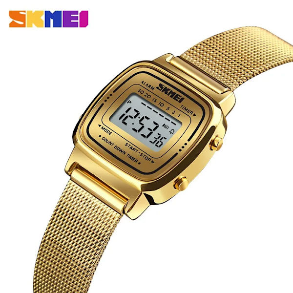 Skmei Luxury rostfritt stål Countdown Watch Dammode Dam Sport Armbandsur Vattentät liten urtavla Chrono digital klocka gold steel