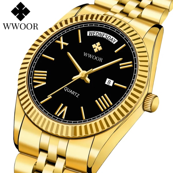 WWOOR Nya guldklockor Herr lyxigt rostfritt stål med kalender Warterproof manlig klocka Week Quartz Armbandsur Relogio Masculino Gold white box