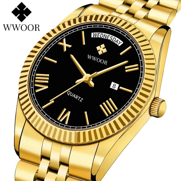 WWOOR Nya guldklockor Herr lyxigt rostfritt stål med kalender Warterproof manlig klocka Week Quartz Armbandsur Relogio Masculino Silver white