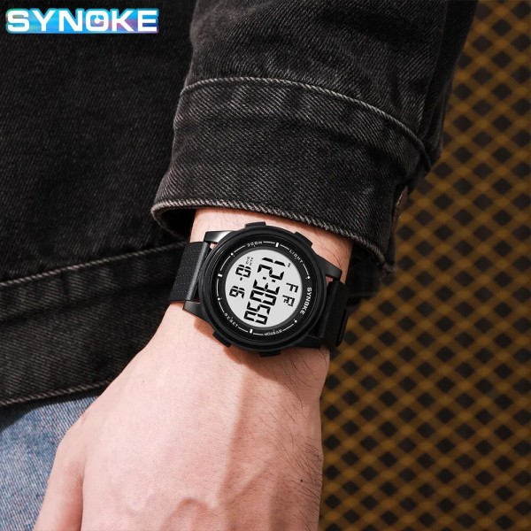 SYNOKE Men Utomhussport Multifunktionell Vattentät Tunn Design Storskärm Display Lysande LED Digital För Män Mode Black movement
