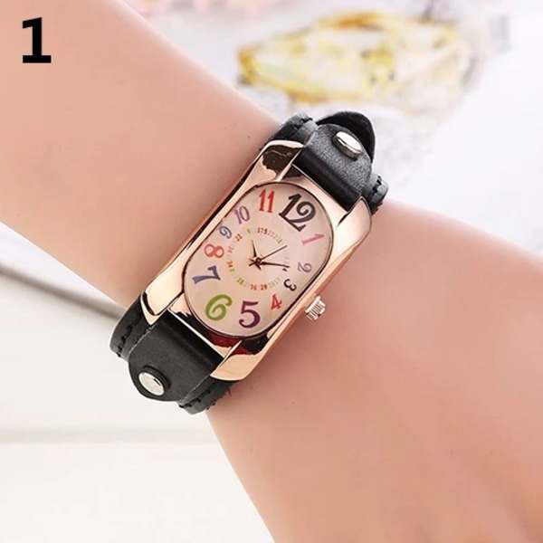 Vintage Casual Watch Alloy Urtavla Faux Läder Armband Avlångt case Analog Quartz Clock Dam Armbandsur Relojes Para Mujer Black