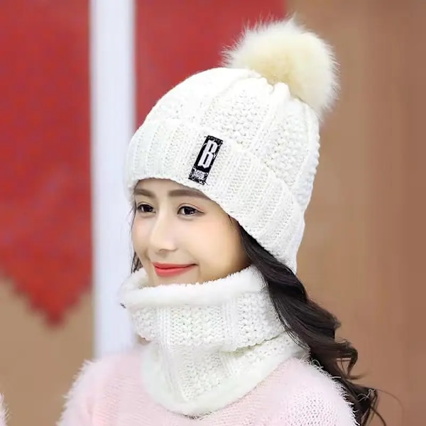 Dam Knittad Hatt Skidhatt Set Vindtät Vinter Utomhus Stickad Tjock Siamese Halsduk Krage Varm Håll Ansiktet Varmare Beanies Hatt White2