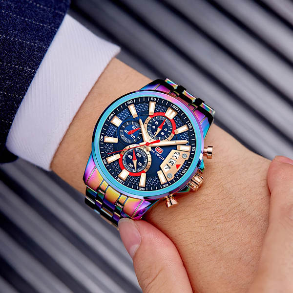 MINI FOCUS Luxury Sports Quartz Watch för män Mode Chronograph Multifunktion Vattentäta klockor Rostfritt stål Armband Klocka BOX RAINBOW BLUE