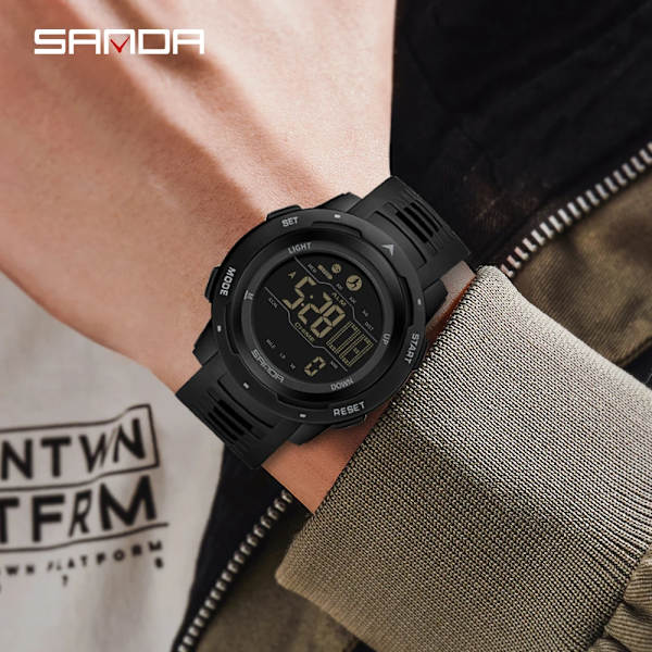 SANDA Märke Herrklockor Sport Stegräknare Kalorier 50M Vattentät LED Digital Watch Militär Armbandsur Relogio Masculino 2145 Red