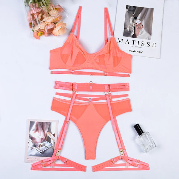 YBFDO 3-delad BH Set Dam Patchwork Genomskinlig Mesh Underkläder Dam Sexiga Fancy Transparenta Set neon orange M