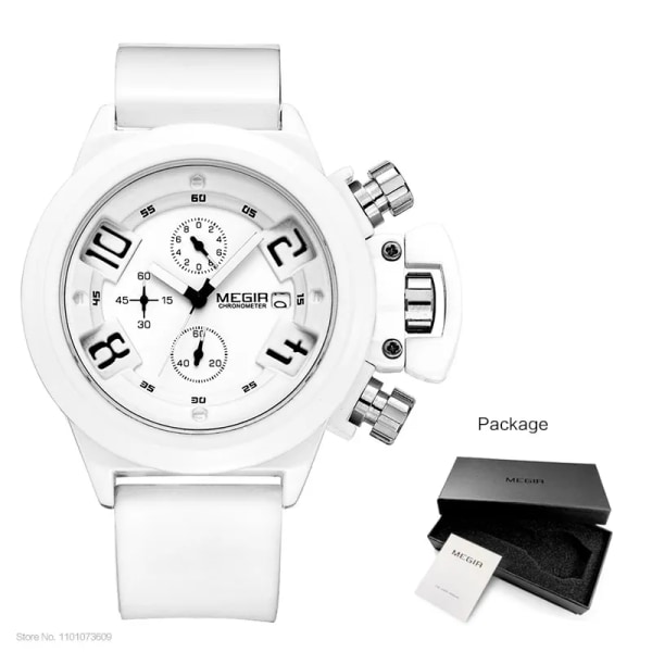 Megir Mode Silikonband för män Sport Kvartsarmbandsur Analog Display Chronograph Black Watch for Man with Calendar 2002 2002-White-Box