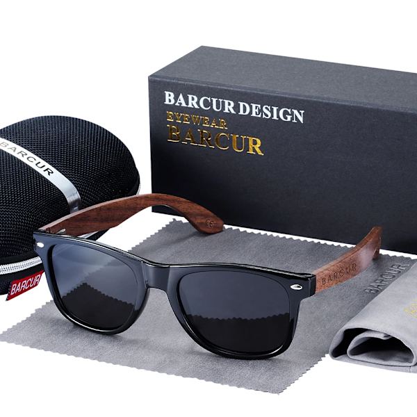 BARCUR Black Walnut Solglasögon Trä Polariserade Solglasögon Herr Glasögon Herr UV400 Skyddsglasögon Original Träkartong Matte Black  zipper BARCUR Polarized