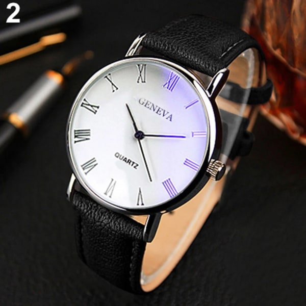 Män Watch romerska siffror Blu-Ray Faux Läder Band Quartz Analog Business Armbandsur White-Black