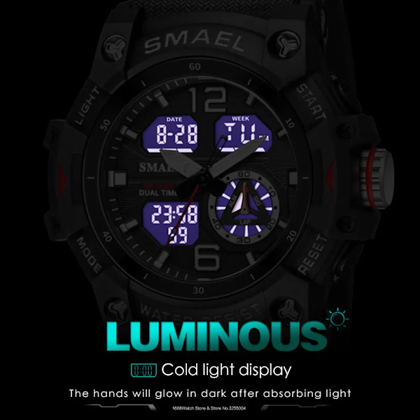 SMAEL Dual Time LED Display Watch för män Militär Sport Digitala klockor Dam Unisex Vattentät Auto Date Week Armbandsur 8007 Red-Box