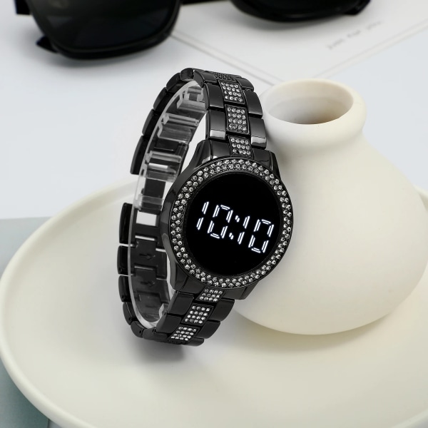Trendiga produkter 2021 Nytt mode band i rostfritt stål Kvinnor Led Digitala klockor Rhinestone Watch för kvinnor Relogio Clock Black