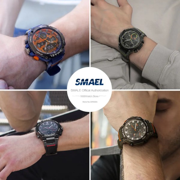 SMAEL Elektroniska Digitala klockor för män Mode Chronograph Quartz Armbandsur Auto Date Week Väckarklocka LED Dual Time 8069 Green-Box