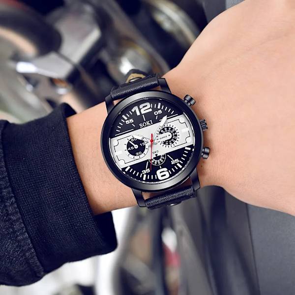 Man Fashionabla personlighet rund watch svart läder kvarts watch orange