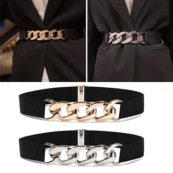 Elastiskt Kvinnor Bälte Punk Mode Kvinnor Elastiska Bälten Guld Silver Metall Kedja Midjerem För Klänning Rock Kostym Dekorativt midjeband red Style2 Elastic