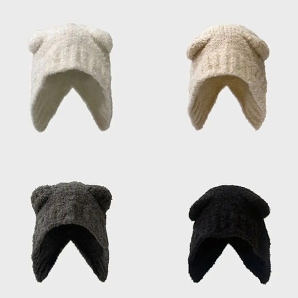 Varm Stickad Mössa Söt Björnörahatt Mode Enfärgad Par Kalla Mössa Virkad Öron Skyddande Hatt Höst Vinter A-beige