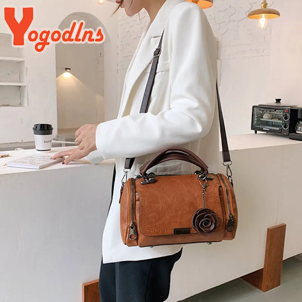 Yogodlns Nya blommor Hängande handväska Dammode Boston väskor enkel axelväska dam crossbody väska PU messenger bag winered 27x14x17cm
