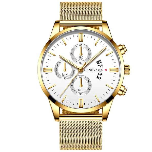 2023 Herrmode Business Kalender Klockor Herr Lyx Blå Rostfritt stål Mesh Bälte Analog Quartz Watch relogio masculino Gold White