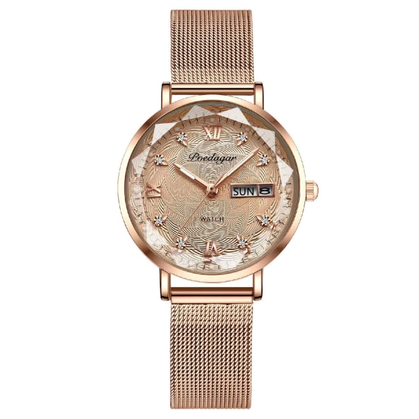 POEDAGAR Modeklänning Watch Lyx Elegant Vattentät Lysande Date Week Quartz Damklockor Present Casual relojes para mujer RoseGold Gold Mesh