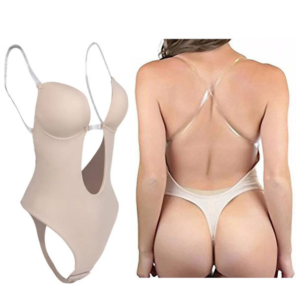 Kvinnors helkroppsformare Backless Shaperwear Stringtrosa Seamless U Plunge Shapers Push-up Bantning BodySuit Midja Shaperwear Black M