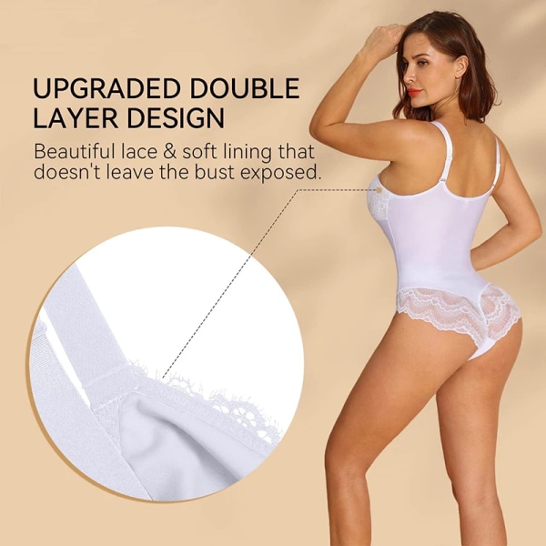 Sexig Splice Spets Shapewear Body Korsett Sling Underkläder V-ringad Endelad underkläder Slät magkontroll Full Body Shaper Cami White M