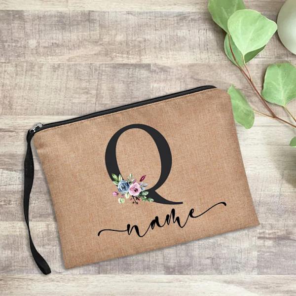 Personligt namn Kvinnor Sminkväska Alfabet Blommor Canvas Kosmetiska fodral Handväska Utomhusfest Bröllopspresenter Kawaii Makeup D4blackfQ