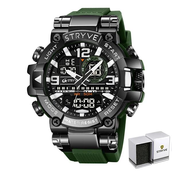 Ny STRYVE- watch för män Digital-Analog Dual Movement Lysande kalender Vattentäta klockor Mode Watch 8025 Black Green Box