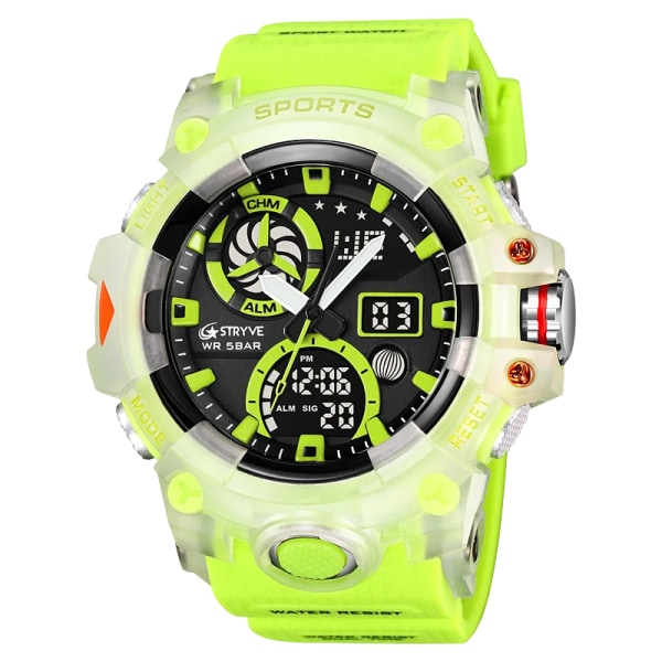 STRYVE Märke Herr Sportklockor Dual Display Analog Digital LED Elektronisk Quartz Armbandsur 50m Vattentät Watch 8027 Transparency green