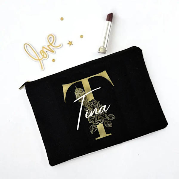 Personliga initialer Sminkväska Brudtärna Maid of Honor Semester Canvas Monogram Kosmetisk påse Bröllop möhippa Present C