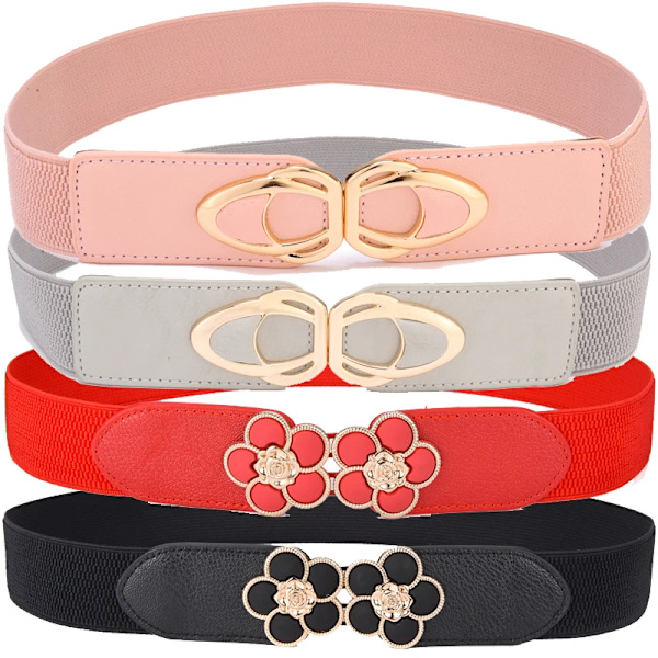 Mode Plus Size Dam Elastiska Bälten Dam Midjeklänningar Midjeband Casual Stretchigt Metallspänne Ceinture Flower-Red 65cm(68cm to 100cm)