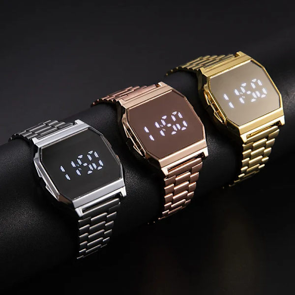Sport LED Stora Digitala Armbandsur Herr Dam Metall Stålband Elektroniskt Armbandsur Lyxiga Par Armbandsur Silver 2