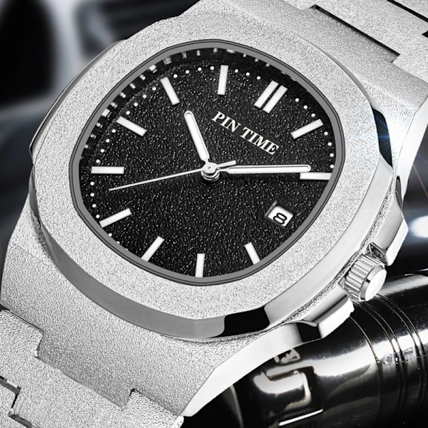 PINTIME Nytt mode för män Casual PP watch Frostat case Quartz Urtavla Klockor Lyxdesign Män Sport Armbandsur Present med låda silver with blackA