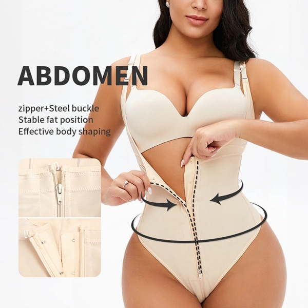 Faja reducerande och formande görd för kvinnor slimmande slida Platt mage Bodysuit med stor dragkedja Beige XL