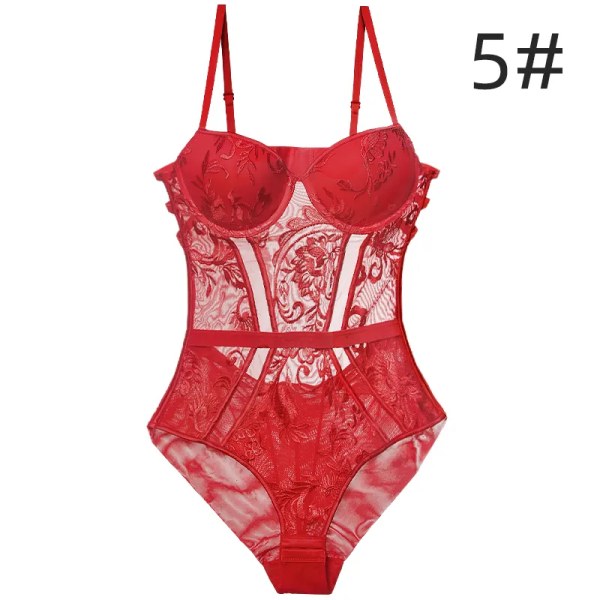 Body Dam sexiga underkläder Bodysuit Push Up Vadderad kopp med remmar rygg Bygel Blommig broderi Underkläder Underkläder i ett stycke 6613-Red 70B